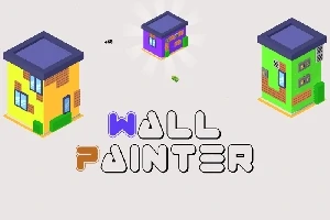 Grafică isometrică cu trei clădiri colorate și text stilizat „Wall Painter” pe un fundal deschis