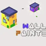 Grafică isometrică cu trei clădiri colorate și text stilizat „Wall Painter” pe un fundal deschis