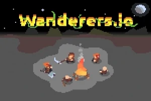 Personaje pixelate stau în jurul unui foc de tabără sub un cer înstelat, cu textul Wanderers