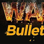 Textul WAR în flăcări deasupra cuvântului Bullet și o imagine stilizată de glonț