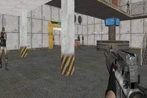 Interior industrial cu personaje înarmate și un pistol pe partea dreaptă, vizibil din perspectiva subiectivă a unei persoane