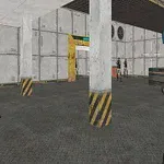 Interior industrial cu personaje înarmate și un pistol pe partea dreaptă, vizibil din perspectiva subiectivă a unei persoane