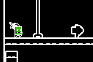 Personaj pixel art cu față verde și colți parcurgând un nivel simplu în alb-negru