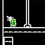 Personaj pixel art cu față verde și colți parcurgând un nivel simplu în alb-negru