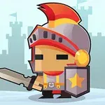 Cavaler desenat în stil pixel art, cu cască, sabie și scut, pe fundal de castel