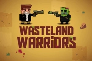 Doi personaje pixelate, unul uman și unul de tip zombie, ținând pistoale în mâini, deasupra textului WASTELAND WARRIORS pe un fundal galben