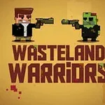 Doi personaje pixelate, unul uman și unul de tip zombie, ținând pistoale în mâini, deasupra textului WASTELAND WARRIORS pe un fundal galben