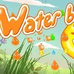 Ilustrație cu picături animate și un personaj mare zâmbitor, în culori portocalii și galbene, pe un fundal de natură cu cer albastru