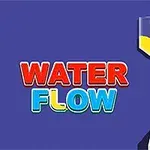 Textul Water Flow lângă o cană transparentă cu lichid galben care curge într-un pahar pe un fundal albastru