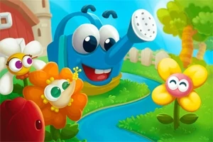 Stropitoare albastră zâmbitoare cu flori colorate și antropomorfizate lângă un pârâu într-un peisaj de grădină vesel