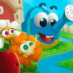 Stropitoare albastră zâmbitoare cu flori colorate și antropomorfizate lângă un pârâu într-un peisaj de grădină vesel