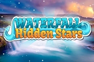 Textul colorat Waterfall Hidden Stars pe un fundal cu o cascadă și un cer în amurg