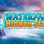 Textul colorat Waterfall Hidden Stars pe un fundal cu o cascadă și un cer în amurg
