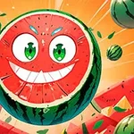Pepene roșu animat cu față zâmbitoare și ochi verzi, înconjurat de felii și bucăți de pepene, pe fundal portocaliu vibrant