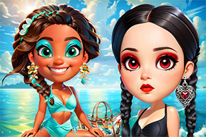Două personaje animate cu păr împletit și machiaj colorat, una purtând un costum de baie turcoaz, pe un fundal de plajă și ocean însorit