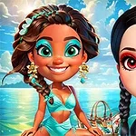 Două personaje animate cu păr împletit și machiaj colorat, una purtând un costum de baie turcoaz, pe un fundal de plajă și ocean însorit