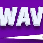 Textul WAVE 3D alb pe un fundal violet cu o bilă neagră și o coadă de lumină albă