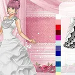 Fată cu păr roz purtând o rochie albă de mireasă, alături de o paletă de culori și mai multe modele de fuste în partea dreaptă