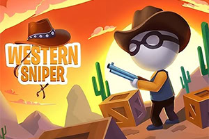 Cowboy animat cu pălărie și ochelari ținând o pușcă în deșert, înconjurat de cactuși și cutii, cu un apus portocaliu în fundal