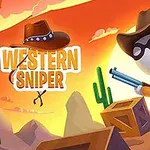 Cowboy animat cu pălărie și ochelari ținând o pușcă în deșert, înconjurat de cactuși și cutii, cu un apus portocaliu în fundal