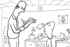 Whack Your Boss Doi bărbați desenați în stil caricatural într-un birou, unul stând la birou și altul în picioare cu un dosar în mână, cu obiecte de birou și un desen al unui iepure pe perete