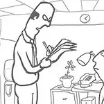 Whack Your Boss Doi bărbați desenați în stil caricatural într-un birou, unul stând la birou și altul în picioare cu un dosar în mână, cu obiecte de birou și un desen al unui iepure pe perete