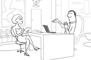 Whack Your PC O femeie și un bărbat stau față în față într-un birou, discutând, cu un laptop pe masă