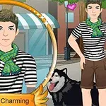 Un bărbat animat îmbrăcat în tricou în dungi și eșarfă verde, alături de un câine husky, într-un cadru urban