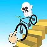 Imaginea arată un personaj alb zâmbitor pe o bicicletă neagră, cu un traseu de trepte aurii în fundal și o mână care indică roata din față