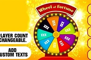 Roată colorată cu segmente și text Wheel of Fortune pe fundal galben strălucitor