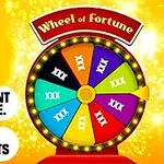 Roată colorată cu segmente și text Wheel of Fortune pe fundal galben strălucitor