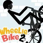 Siluetă de om pe bicicletă, efectuează un wheelie în fața unui zid alb, cu textul Wheelie Bike 2 în colț