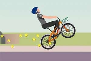 Persoană pe bicicletă portocalie în aer cu cască albastră, lăsând o urmă de stele galbene