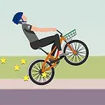 Persoană pe bicicletă portocalie în aer cu cască albastră, lăsând o urmă de stele galbene