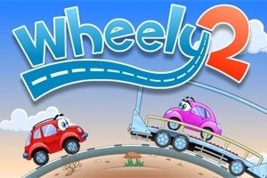 Două mașinuțe cu ochi, una roșie și una roz, pe un drum cu un cer albastru în fundal și text Wheely 2 deasupra