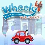 Mașinuță roșie animată pe un fundal urban colorat cu clădiri și nave zburătoare, având textul Wheely 4: Time Travel deasupra