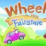 Două mașini colorate, una roz cu o coroană și alta roșie cu armură, pe un fundal de dealuri verzi și cer albastru, cu textul Wheely 6 Fairytale deasupra