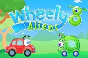 Două mașinuțe animate, una roșie și una verde, cu ochi mari, într-un peisaj cu copaci și cer albastru, și textul Wheely 8 Aliens
