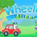 Două mașinuțe animate, una roșie și una verde, cu ochi mari, într-un peisaj cu copaci și cer albastru, și textul Wheely 8 Aliens