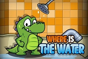 Un crocodil desenat stă fericit sub un duș într-o baie cu plăci portocalii și albastre