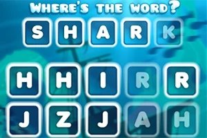 Grilă de litere cu cuvântul SHARK evidențiat, în fundal albastru cu elemente marine