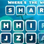 Grilă de litere cu cuvântul SHARK evidențiat, în fundal albastru cu elemente marine