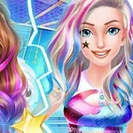 Două personaje feminine cu părul colorat și stele desenate pe față, fiecare purtând ținute strălucitoare și diferite, fundal albastru vibrant
