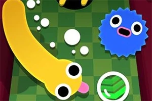 Un vierme galben animat lângă o creatură albastră rotundă cu față de desene animate, pe un fundal verde cu pătrate și bile albe