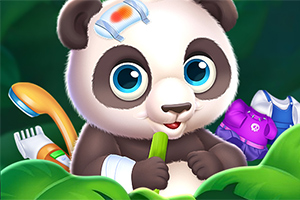 Ursuleț panda animat, cu un pansament pe cap, ținând un castravete, înconjurat de frunze verzi și obiecte de îngrijire personală