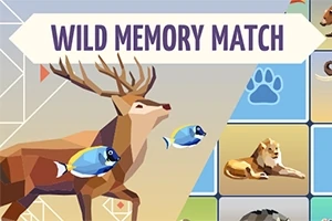 Ilustrație cu un cerb și un pește în stil geometric, alături de pătrățele cu imagini de animale și o labă de urs