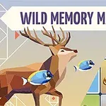 Ilustrație cu un cerb și un pește în stil geometric, alături de pătrățele cu imagini de animale și o labă de urs