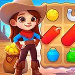 Fată îmbrăcată în costum de cowboy alături de o grilă cu simboluri precum dinamite, potcoavă și săculeț cu bani