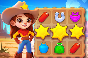 O fetiță îmbrăcată în ținută de cowgirl stă lângă o grilă cu simboluri colorate, inclusiv stele, potcoave și obiecte diverse