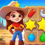 O fetiță îmbrăcată în ținută de cowgirl stă lângă o grilă cu simboluri colorate, inclusiv stele, potcoave și obiecte diverse